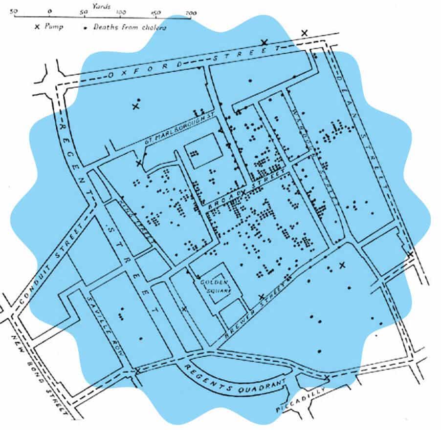 Mapa - Óbitos por cólera na área central de Londres