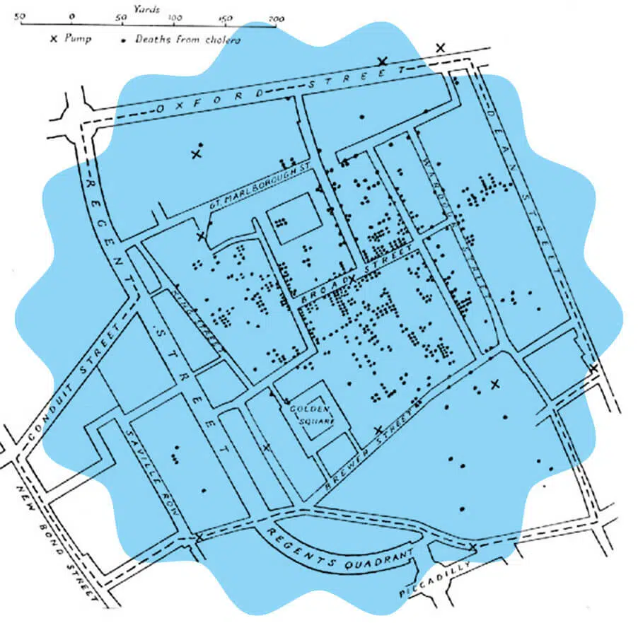 Mapa - Óbitos por cólera na área central de Londres